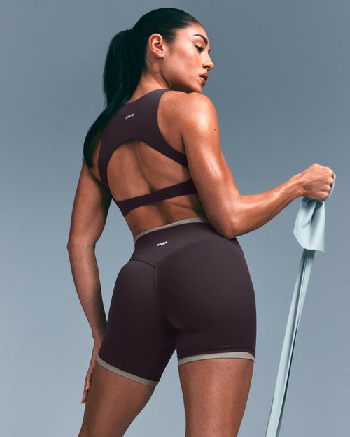 SoftMotion™ High Neck Sports Bra with Gray Logo | Dark Umber Brown