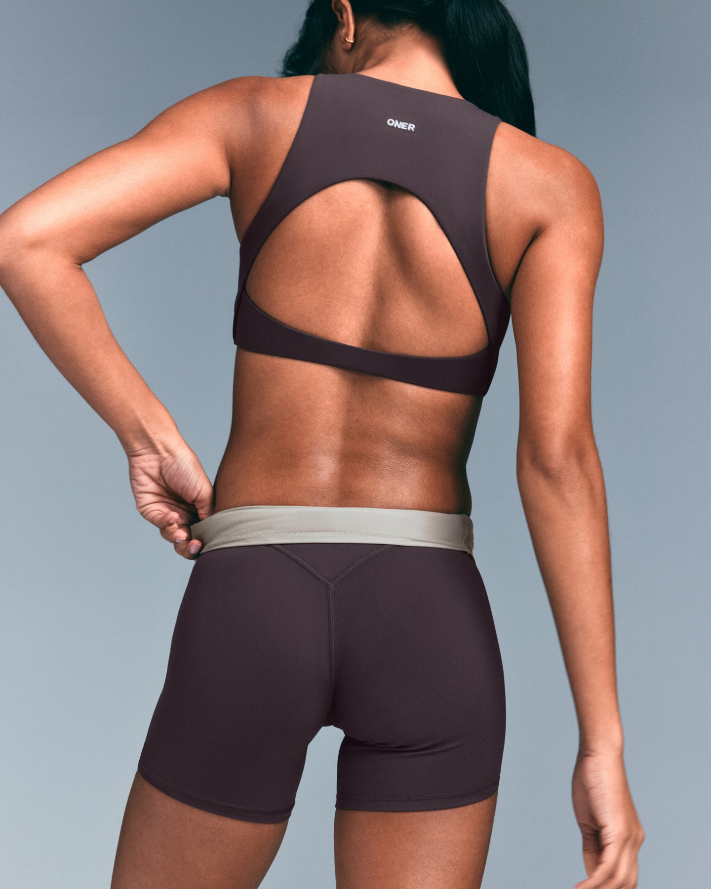 SoftMotion™ High Waisted Shorts 6" with Gray Logo | Dark Umber Brown