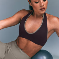 SoftMotion™ Minimal Halter Neck Bralette with Gray Logo | Dark Umber Brown