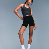 SoftMotion™ Racer Back Mid Tank Top with Built in Bra Shelf with Gray Logo | Coal