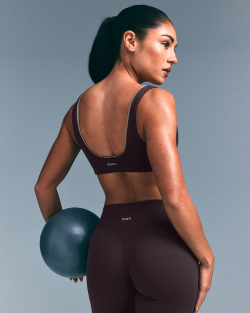 SoftMotion™ Scoop Back Bralette with Gray Logo | Dark Umber Brown