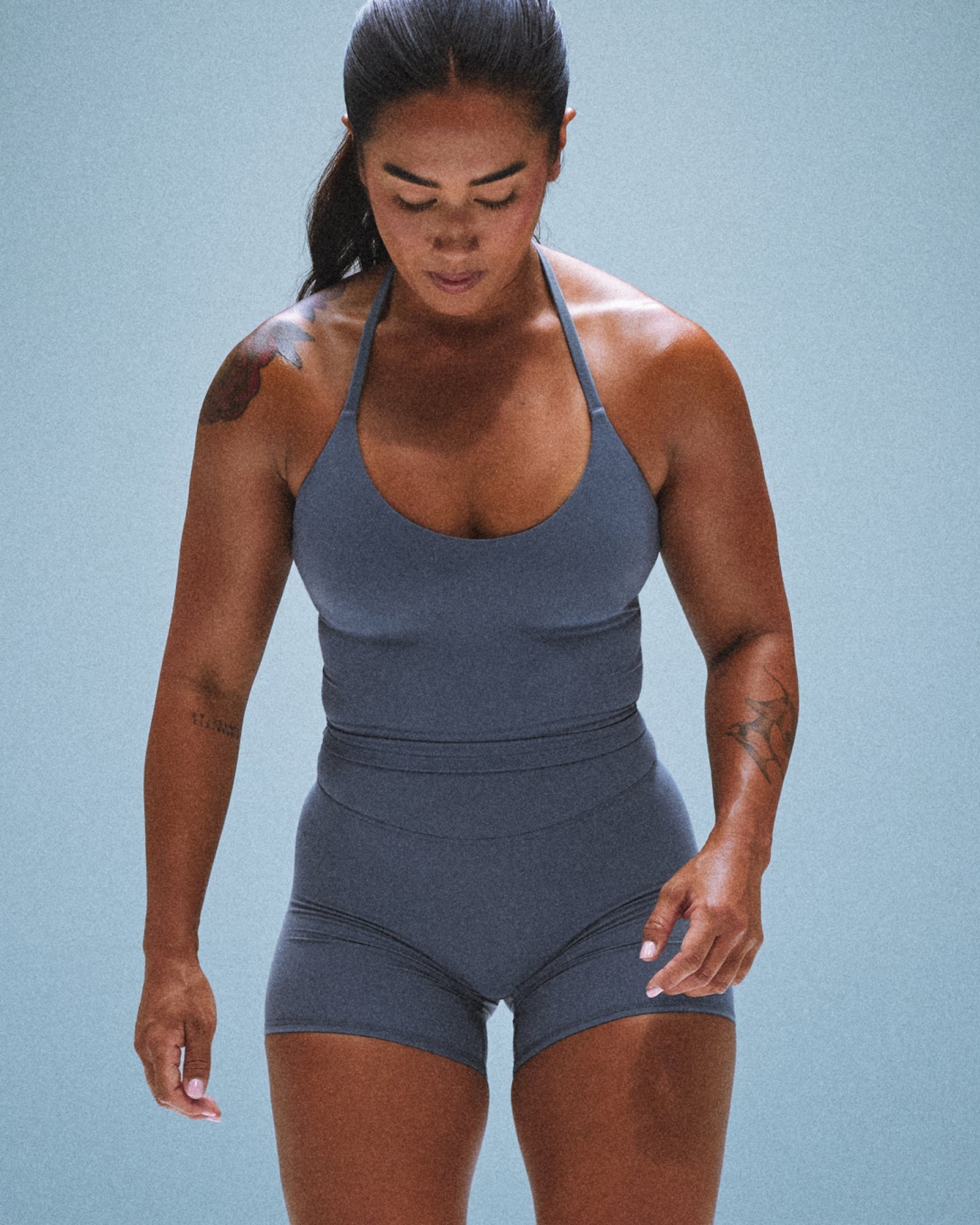 SoftMotion™ Strappy Halter Neck Mid Tank Top with Built in Bra Shelf | Granite Blue