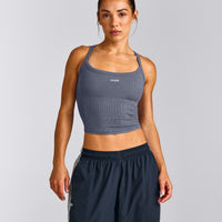 Mellow™ Rib Racer Back Mid Tank Top with Built in Bra Shelf | Granite Blue