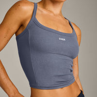 Mellow™ Rib Racer Back Mid Tank Top with Built in Bra Shelf | Granite Blue