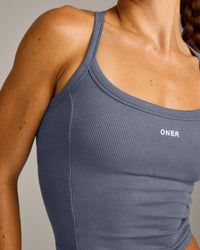 Mellow™ Rib Racer Back Mid Tank Top with Built in Bra Shelf | Granite Blue