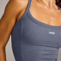 Mellow™ Rib Racer Back Mid Tank Top with Built in Bra Shelf | Granite Blue