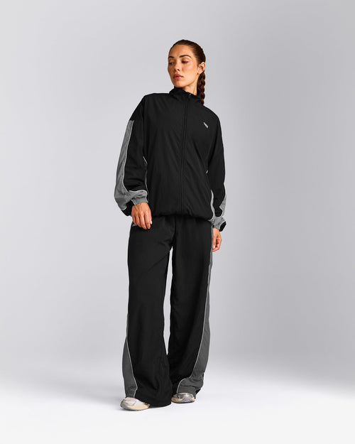 Oversized Contrast Piped Woven Straight Leg Track Pants | Black