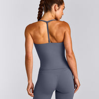 UnifiedMove™ T Back Mid Tank Top with Built in Bra Shelf | Granite Blue