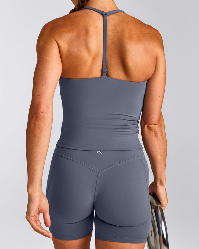 UnifiedMove™ T Back Mid Tank Top with Built in Bra Shelf | Granite Blue