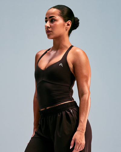 UnifiedMove™ T Back Mid Tank Top with Built in Bra Shelf with Reflective Logo | 70% Cocoa