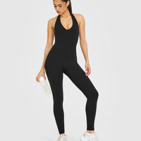 SoftMotion™ Halter Neck All In One Long with White Logo | Black