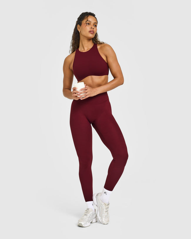 SoftMotion™ High Neck Sports Bra with White Logo | Light Rosewood