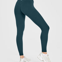 SoftMotion™ High Waisted Leggings with White Logo | Oil Blue