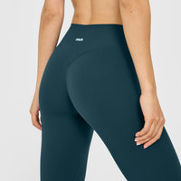 SoftMotion™ High Waisted Leggings with White Logo | Oil Blue
