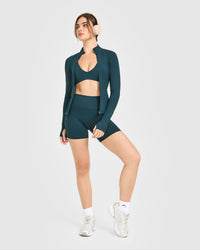 SoftMotion™ High Waisted Shorts 6" with White Logo | Oil Blue