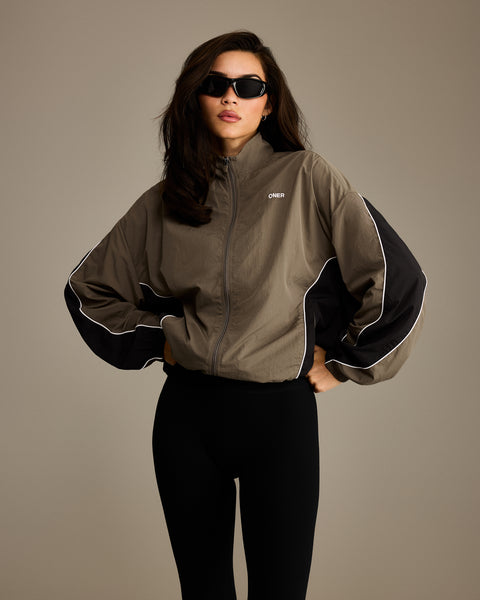 Oversized Piped Woven Track Jacket in Moss Brown | Oner