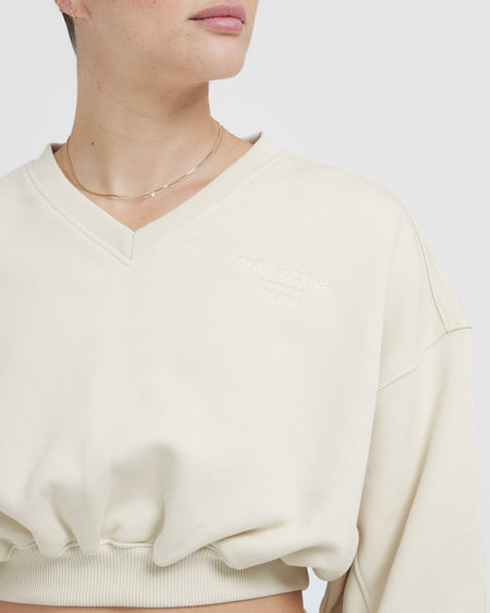 Cotton V-Neck Oversized Crop Sweatshirt in White