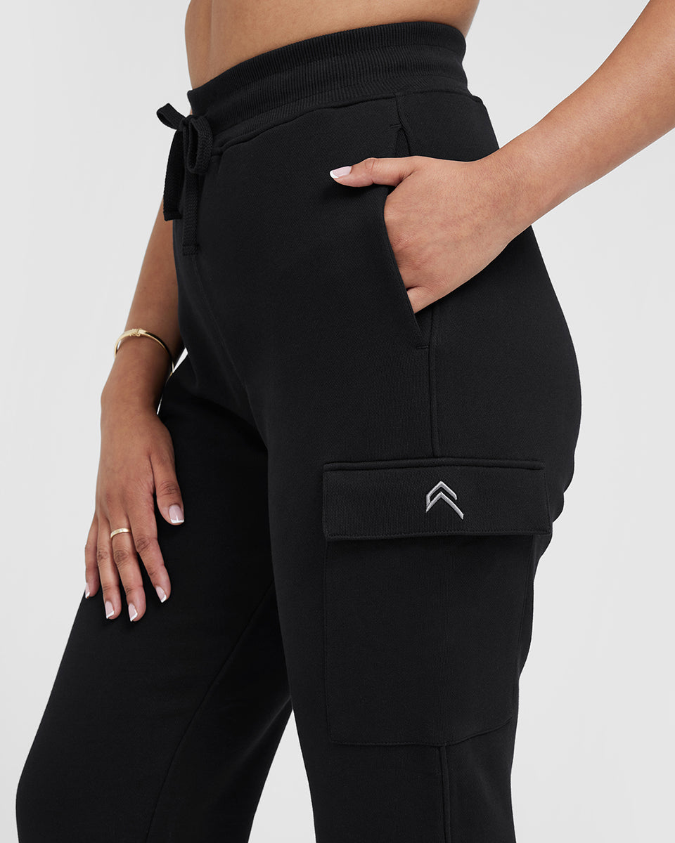 Women Cargo-Pocket Elasticated Drawcord Black Joggers