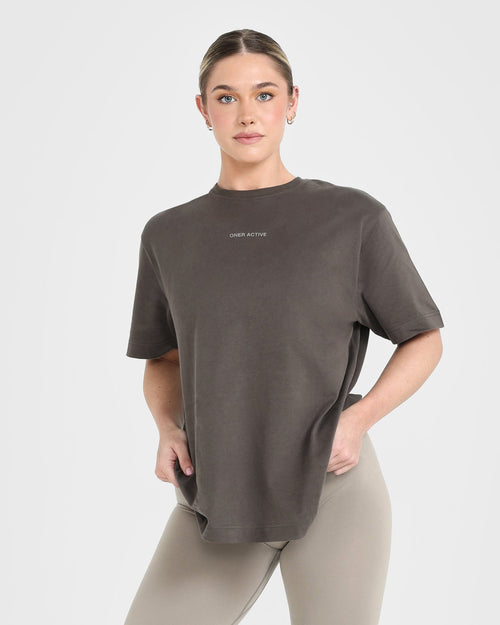 Oner Modal Classic Mirror Graphic Oversized T-Shirt | Washed Deep Taupe