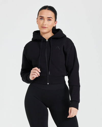 Classic Lounge Cropped Zip Through Hoodie | Black